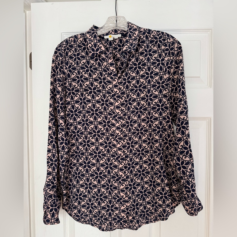 Boden The Silk Shirt (navy and pink ornate lattice pattern)